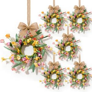 6 Pcs Mini Yellow Flowers Hanging Wreaths for Cabinets Artificial Spring Small Candle Ring Wreaths with Pink Floral and Purple Lavender for for Home Kitchen Front Door Window Farmhouse Porch Wall