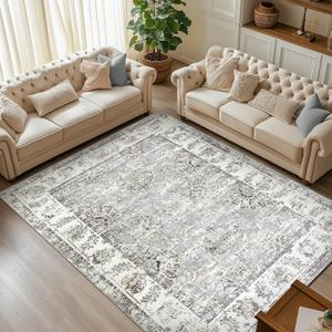 jinchan Fiora 8x10 Area Rugs for Living Room - Machine Washable Vintage Floral Distressed Design Stain Resistant Boho Carpet Low Pile Non-Slip Rug for Bedroom Dining Room Home Office (8x10', Grey)