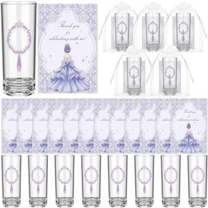 50 Sets Quinceanera Party Favors Bulk for Guests 2.2oz Acrylic Clear Shot Glasses Thank You Cards with Organza Bags Anos Sweet 15 Birthday Party Favors(Purple)