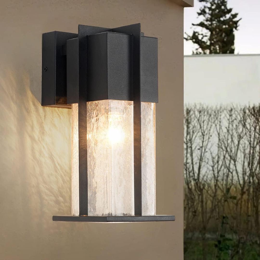Outdoor Wall Light Fixtures with Crack-Like Glass Shade, Modern Outdoor Wall Sconce Exterior Light Fixture IP65 Waterproof, Front Porch Light Wall Mount for Garage, Patio, Front Door, Black