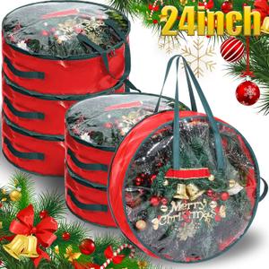 Shappy 6 Pcs 24 x 7 Inch Christmas Wreath Storage Bag Plastic Storage Containers for Wreaths Container Christmas Decorative Xmas Plastic Bag Holder Handles Dual Zipper Holiday Wrapping