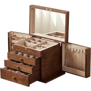 Black Walnut Wooden Jewelry Box for Women with Lock, Mirror, 4 Layer
