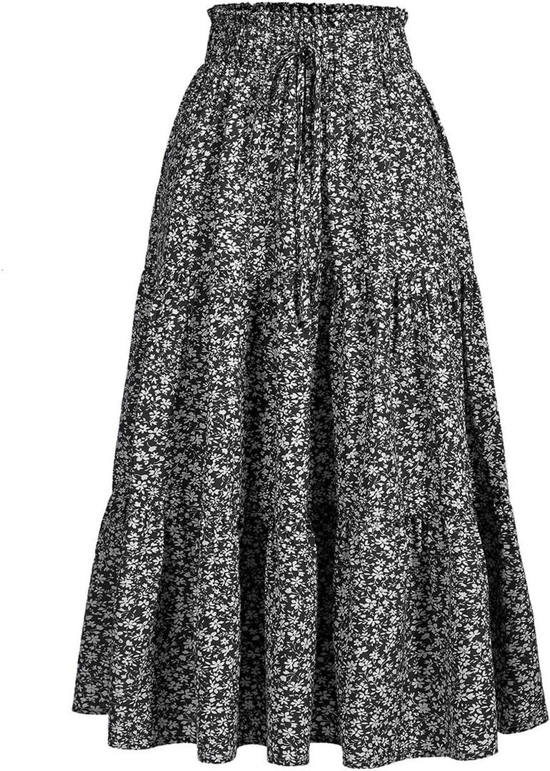 MSLG Women's High Elastic Waist Midi Skirt Casual Summer Trendy Tie Front Flowy Ruffle Floral Print A line Skirts 626 (S)