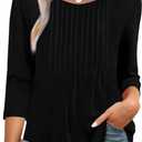 XIEERDUO 3/4 Length Sleeve Tops for Women 2025 Crewneck Casual Pleated Tunic Tops Loose Fit Shirts Blouses (Black)