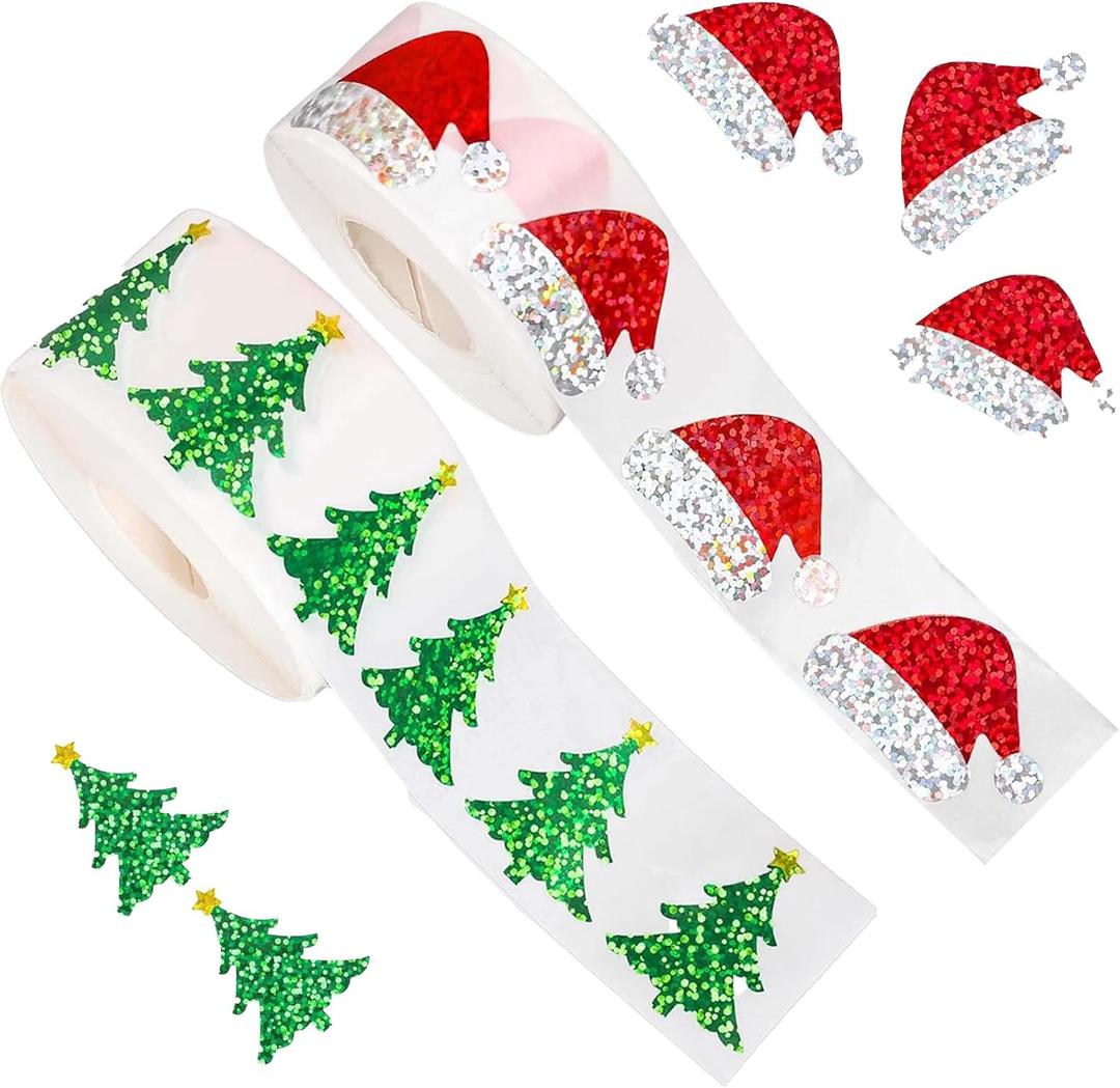 1000 Pieces Christmas Stickers, 500 Glitter Santa Hat & 500 Green Christmas Tree Stickers, Self-Adhesive Waterproof Decals for Xmas Envelopes, Cards, Gift Tags &Decorations, Journal, Party Supplies