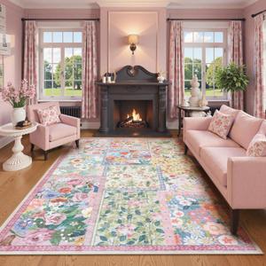LIVEBOX Pink Washable Rugs 8'x10' for Living Room, Soft Pink Rug for Bedroom, Non Slip Ultra Thin Rug Botanical Bedroom Rugs 8'x10' Under Bed, Floor Carpet for Dining Room Home Office