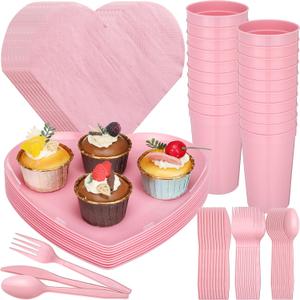 SiliFine 60 Pcs Valentines Day Party Supplies Bulk Serves 10 Plastic Dinnerware Set Disposable Plates Napkins Cups Spoons Forks Knives for Valentine's Party Decorations (Pink)