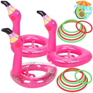 2  PCS Flamingo Inflatable Ring Toss Game - Pool Party Toys Supplies Luau Decorations