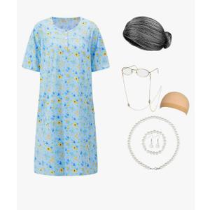 Old Lady Costume for Women Granny Costume Kit with Old Lady Nightgown Wig Grandma Costume Halloween Outfits, L
