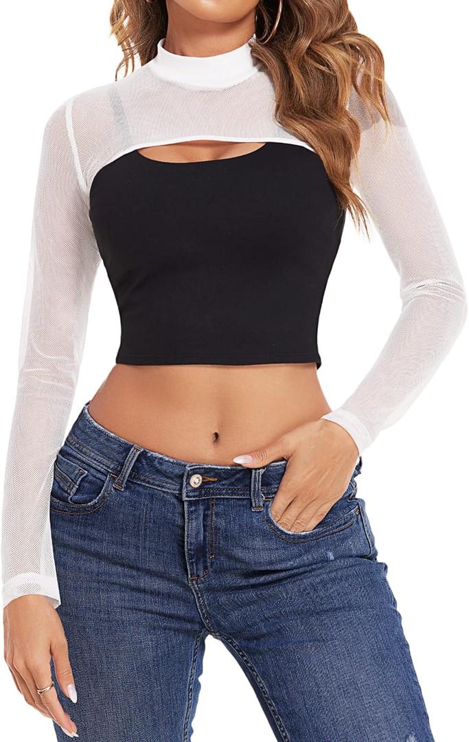 Avidlove Mesh Crop Tops for Women Mock Neck Long Sleeve Crop Top See Through Shirt Top Sexy Clubwear (Medium, White)