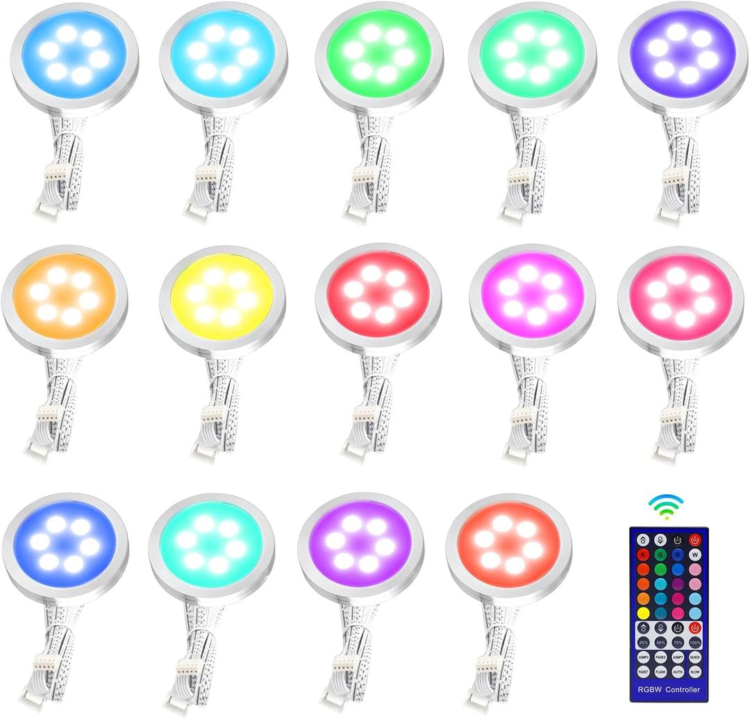 RGB & Warm White Color Under Cabinet Lighting, Hard Wired LED Under Cabinet Closet Lights Puck Light with IR Remote, Dimmable Under Counter Lighting for Wardrobe Kitchen, 14-Pack