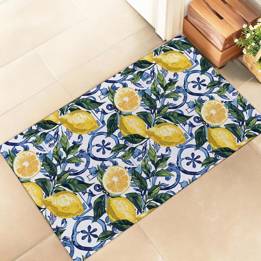 Bright Lemon Tile Indoor Door Mat Stylish 17x29.5in Non-Woven Fabric Floor Doormat with Fresh Yellow Fruit Design, for Porch Insider,Bedroom,Living Room - Fun Decor Rug Gifts