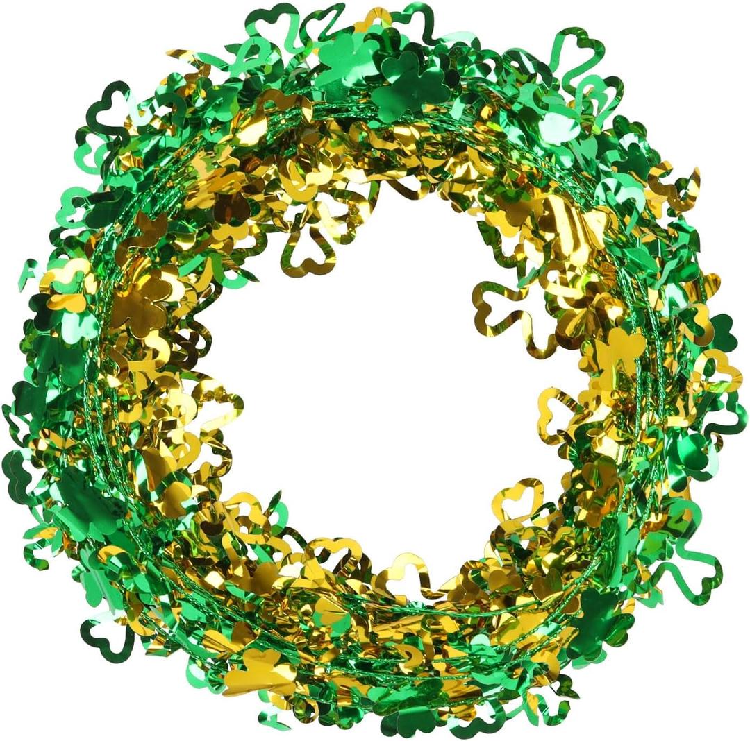 LOAVER 75 Ft St. Patrick's Day Shamrock Wire Wreath Tinsel Garland,3 Rolls Hollowed Metallic Twist Garland Irish Festive Clover Wreath for St. Patrick's Day Party Wall Crafts Decoration(Green & Gold)