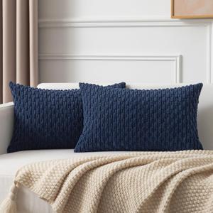 Kevin Textile Set of 2 Pillow Covers Solid Supersoft Corduroy Handmade Decorative Velvet Throw Pillow Cushion Cover for Bed 12x20 Inch Navy Blue