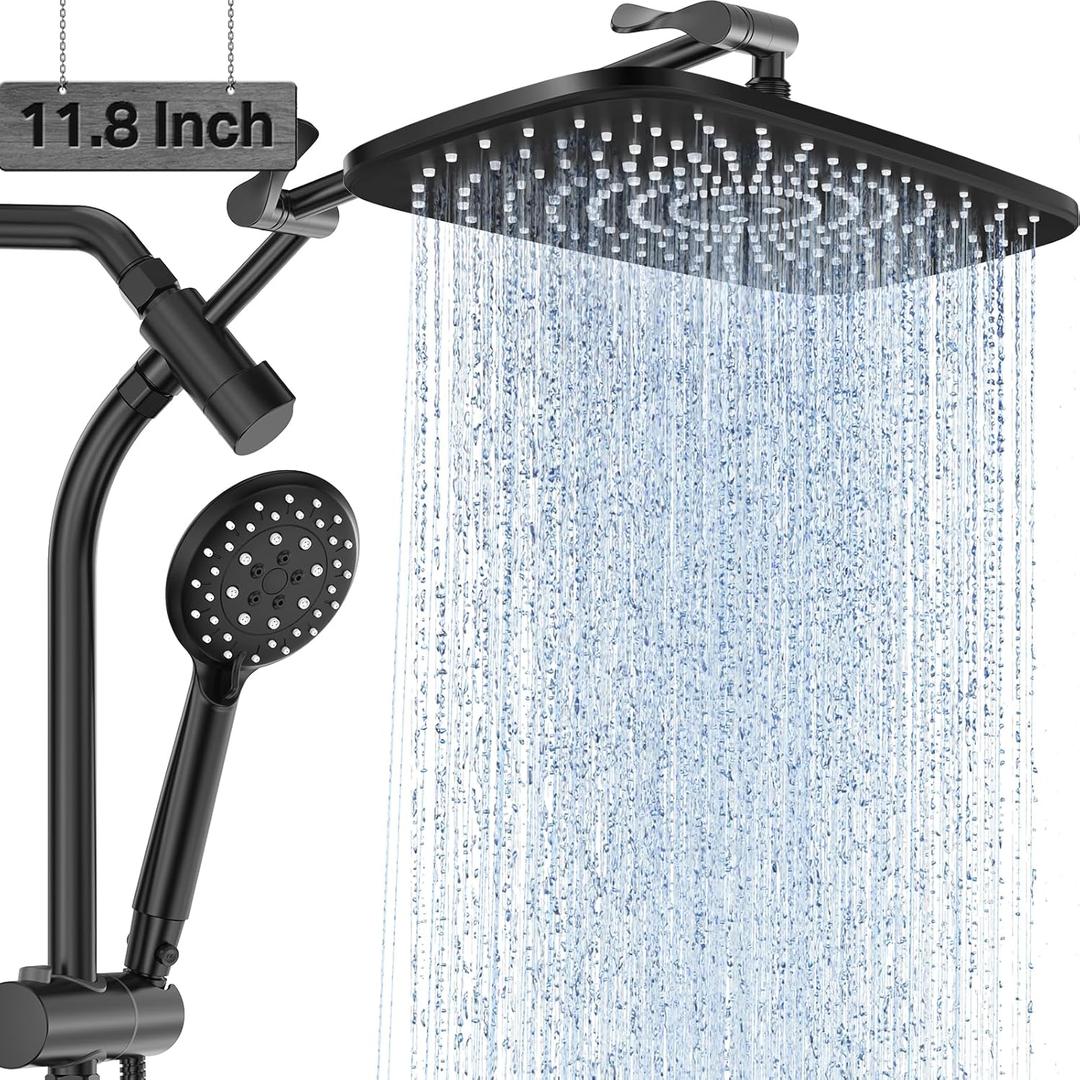 Veken 11.8 Inch Rain Shower with 6 Modes Handheld Water Spray,Upgraded 2-in-1 Slide Bar Showerhead,Wide Showerhead Combo for Bathroom Accessories, Adjustable Dual Shower with ArmSilver Chrome (Mattee Black)