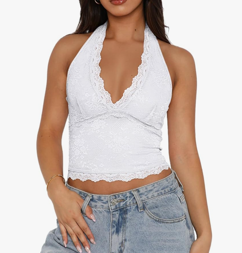 REORIA Womens Sexy V Neck Lace Halter Backless Going Out Double Lined Y2K Trendy Cropped Tank Tops L