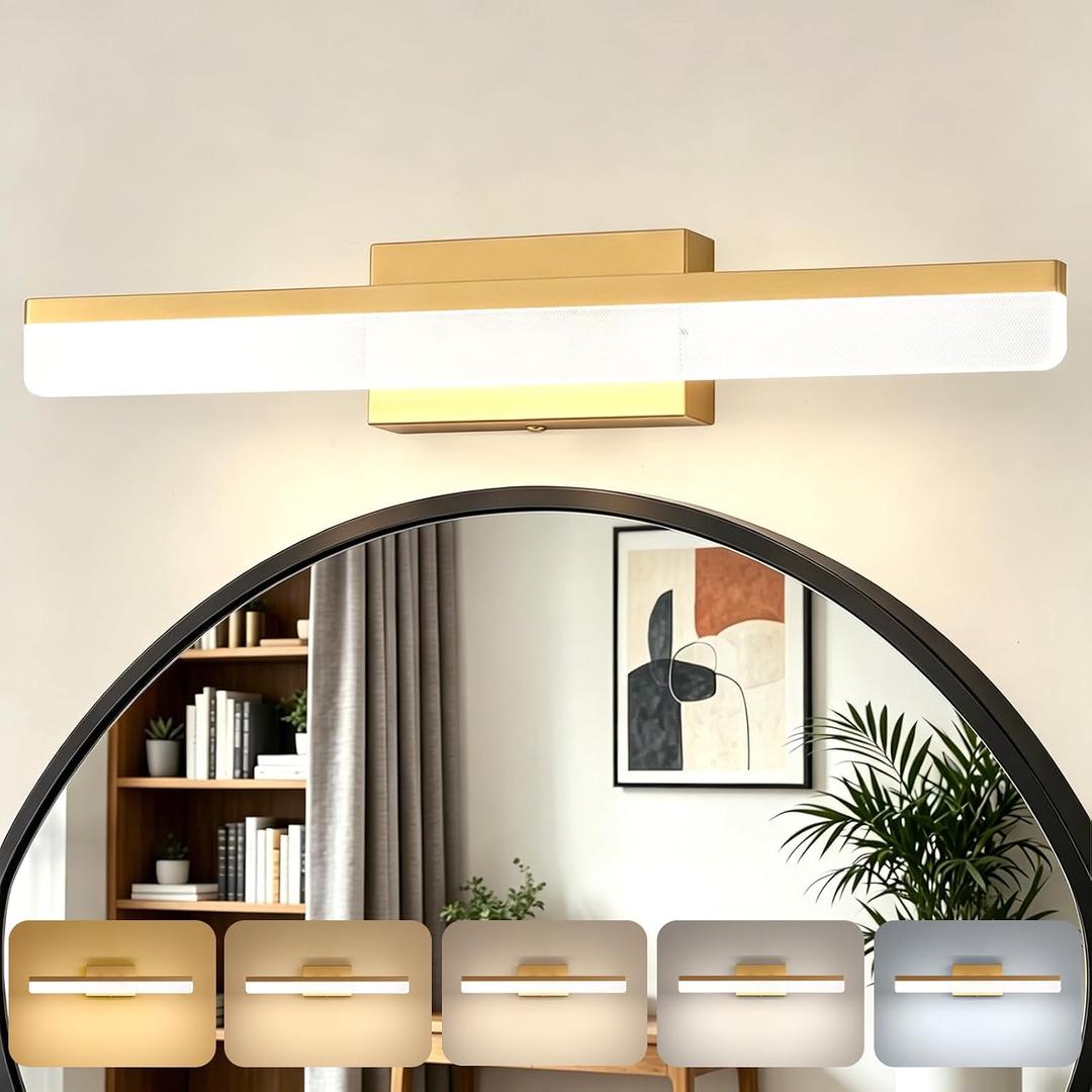 Dimmable Gold Modern 23.6 inch LED Vanity Light Fixtures, 120-277V, CRI 90+, 5CCT, 12W Vanity Light Fixture Over Mirror, Wall Mount Light for Bathrooms Mirror Cabinets Bedroom, ETL & FCC, 1 pack