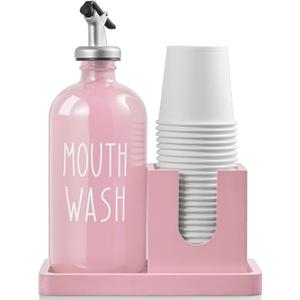 Glass Mouthwash Dispenser for Bathroom, 16 OZ Mouthwash Dispenser with Pour Spout and Wood Cup Holder and Tray, Mouth Wash Bottle Container, Farmhouse Kitchen Bathroom Decor and Accessories, Pink