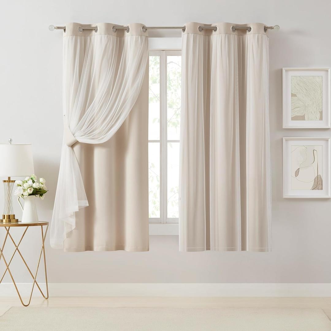 Bujasso Beige 80% Blackout Curtains with Sheer Overlay Mix and Match Double Layer Thermal Insulated Window Panels 63 inch for Living Room Bedroom Beige Drapes with Tiebacks Grommet Top 37" Wx63 Lx2