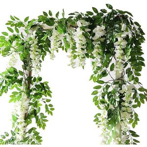 2x7ft Artificial Wisteria Vine Garland, 2m Faux Silk Hanging Vines Plants Waterproof Anti-UV Flower Garland Decoration Long-term Use for Home Party Garden Wedding Decoration (White)