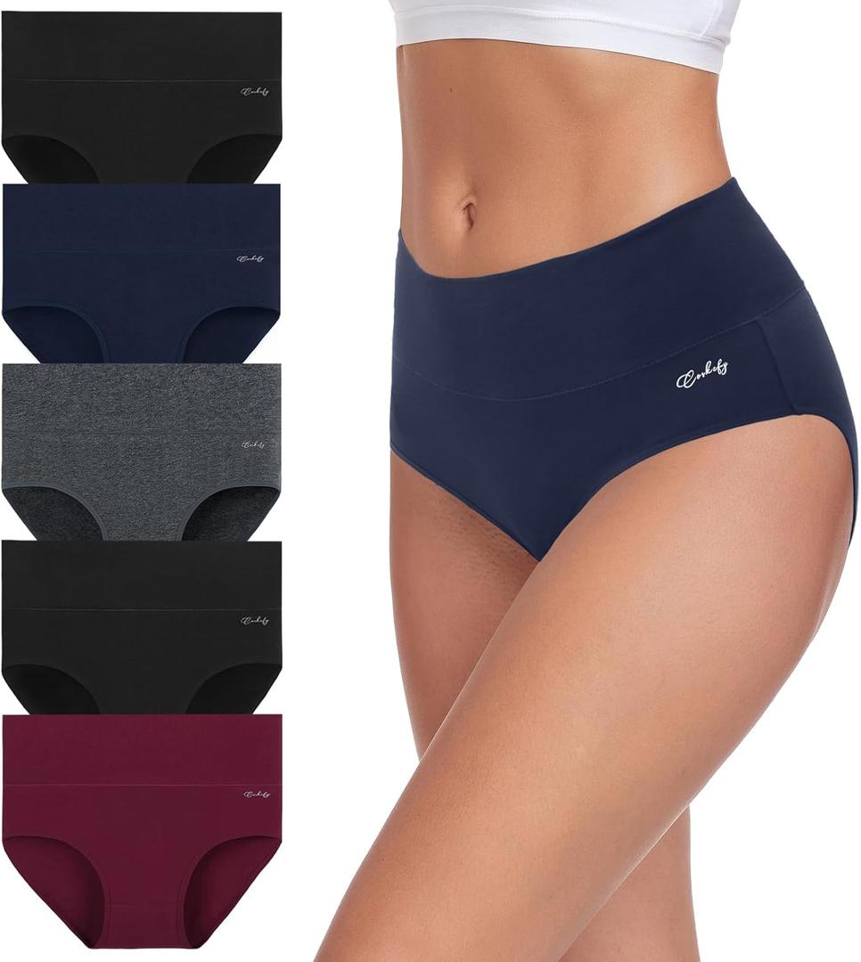 coskefy Women's High Waisted Cotton Underwear Soft Breathable Panties Stretch Briefs Ladies Panties 5 Pack (Black, M)