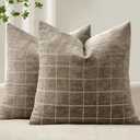 MIULEE Decorative Chenille Check Throw Pillow Covers Vintage Plaid Couch Pillows 20x20 Inch Set of 2 Neutral Boho Farmhouse Cushion Covers Modern Spring Home Decor for Sofa Bed Living Room Taupe Grey