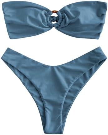 ZAFUL Women's Bandeau Bikini O Ring Strapless Tie Back High Cut Two Piece Swimsuit Bathing Suits, Small
