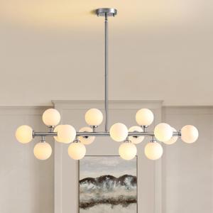 39'' Brushed Nickel and Milky White Mid Century Modern Pendant Lights Dimmable Glass Globe Sputnik Chandelier 16 Lights Linear Chandelier Light Fixtures for Kitchen Island Dining Room
