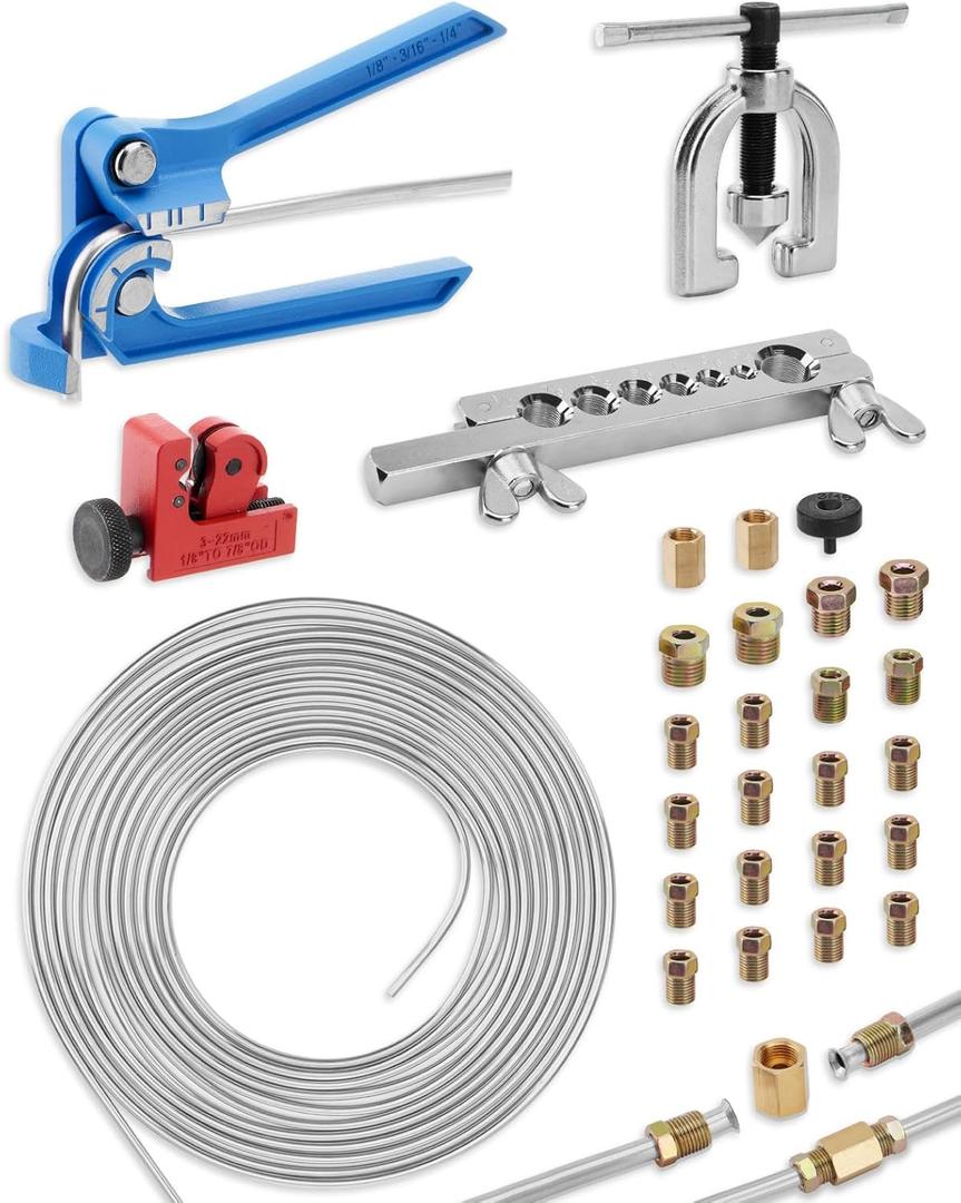 25 ft 3/16in Zinc-Plated Brake Line Flaring Tool Kit, Includes 3-in-1 Tube Bender, Double & Single Flaring Tool Set, 1 Tube Cutter, 2 Threads Unions, 20 Fittings