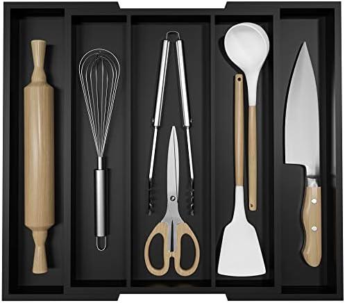 Kitchen Utensil Organizer Silverware Tray - Bamboo Flatware Organizer Expandable 5 Slots Multipurpose Silverware Organizer for Office Storage Garage Organization W13.7"-19.9" x L17.6" X H2.5" (Black)