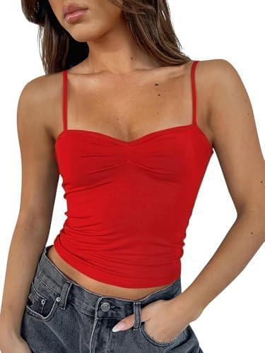 ForeFair Women Y2K Sweetheart Neck Sleeveless Crop Tank Tops Backless Spaghetti Strap Pleated Bustier Camis Going Out Top, Small