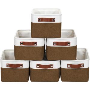 Small Storage Basksts with PU Handle - 12*8*6 inch Decorative Fabric Storage Bins, Foldable Linen Closet Cubes, Organizer Container for Home, Shelves, Nursery, Dorm, Gift (Brown&White)
