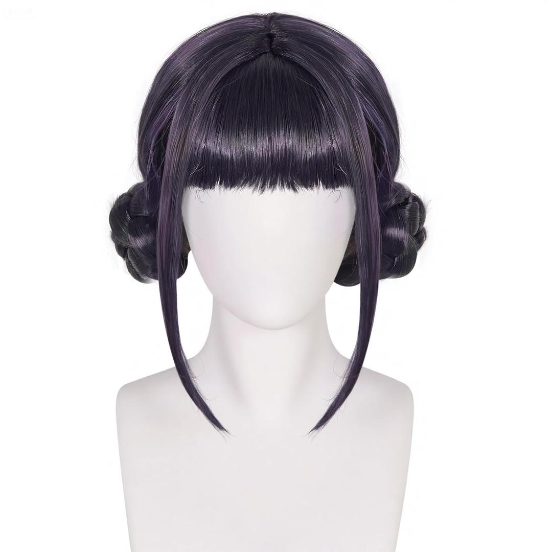 Black Purple Wig with 2 Buns Short Black Purple Hair Double Braided Buns for Women Singers Idols Characters Cosplay Anime Wigs for Halloween Stage Costume Outfit Party +Hair Cap