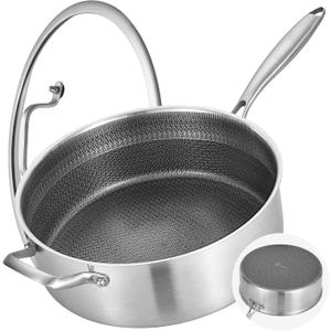 LOLYKITCH 7 Quarts Hybrid Non Stick Tri-Ply Stainless Steel Saut Pan with Lid,12 Inch Deep Frying Pan,Large Skillet,Induction Cooking Pan, Oven Safe and Detachable Handle.