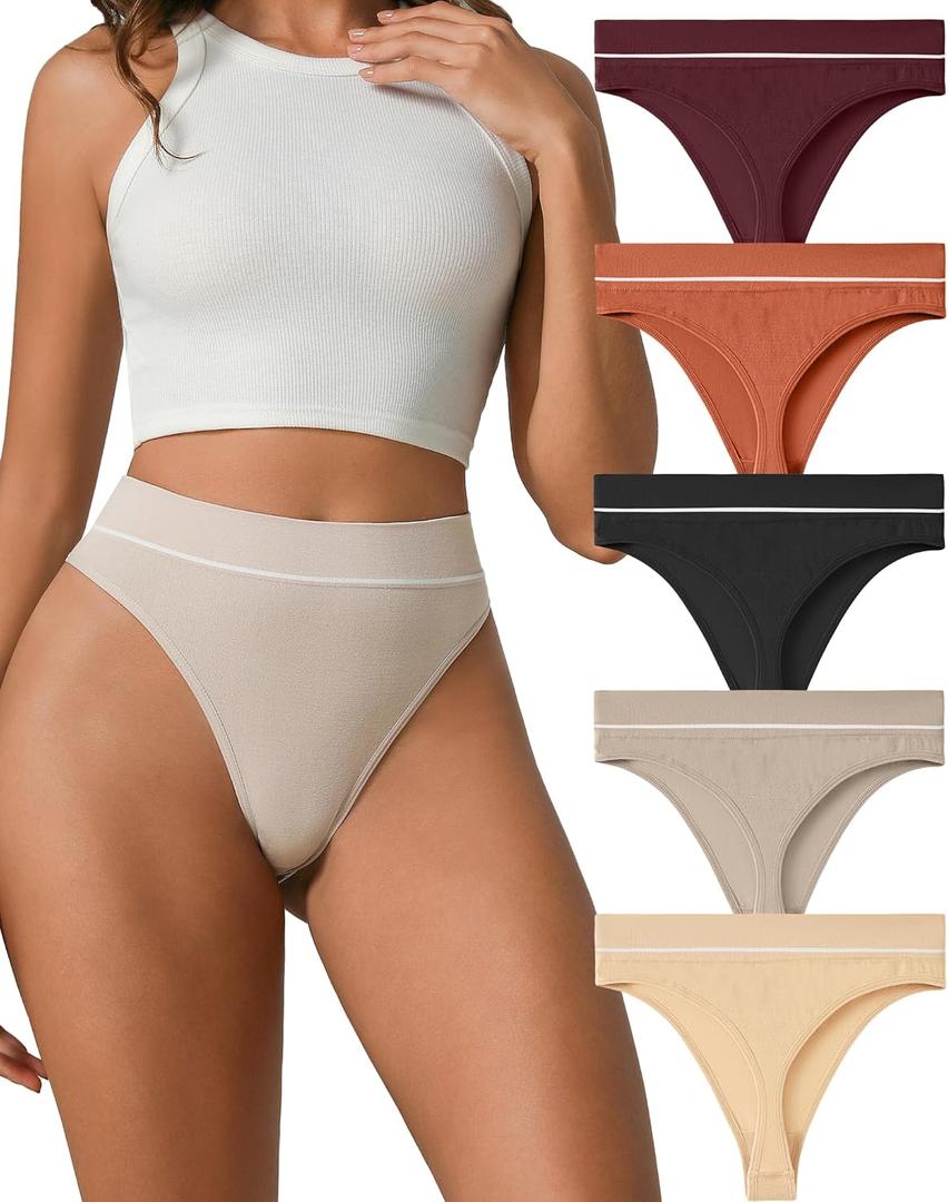 High Waisted Seamless Thongs for Women Nylon Cotton Blend Sexy Invisible Panties Underwear 5 Pack (Large)