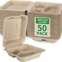 Aricsen 50 Pack 3 Compartment Compostable 8x9 Inch Takeout Lunch Box Containers with Lid To Go Take Out Clamshell for Food, Disposable Eco-Friendly Biodegradable Bagasse, PFAS-Free, Brown