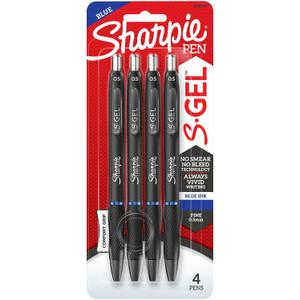 Sharpie S Gel Pens, Fine Point, 0.5 mm, Black Barrels, Blue Ink, Pack Of 4 Pens