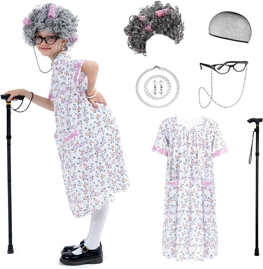 Old Lady Costume for Kids,100 Days of School Costume for Girls, Grandma Cosplay set (Large)