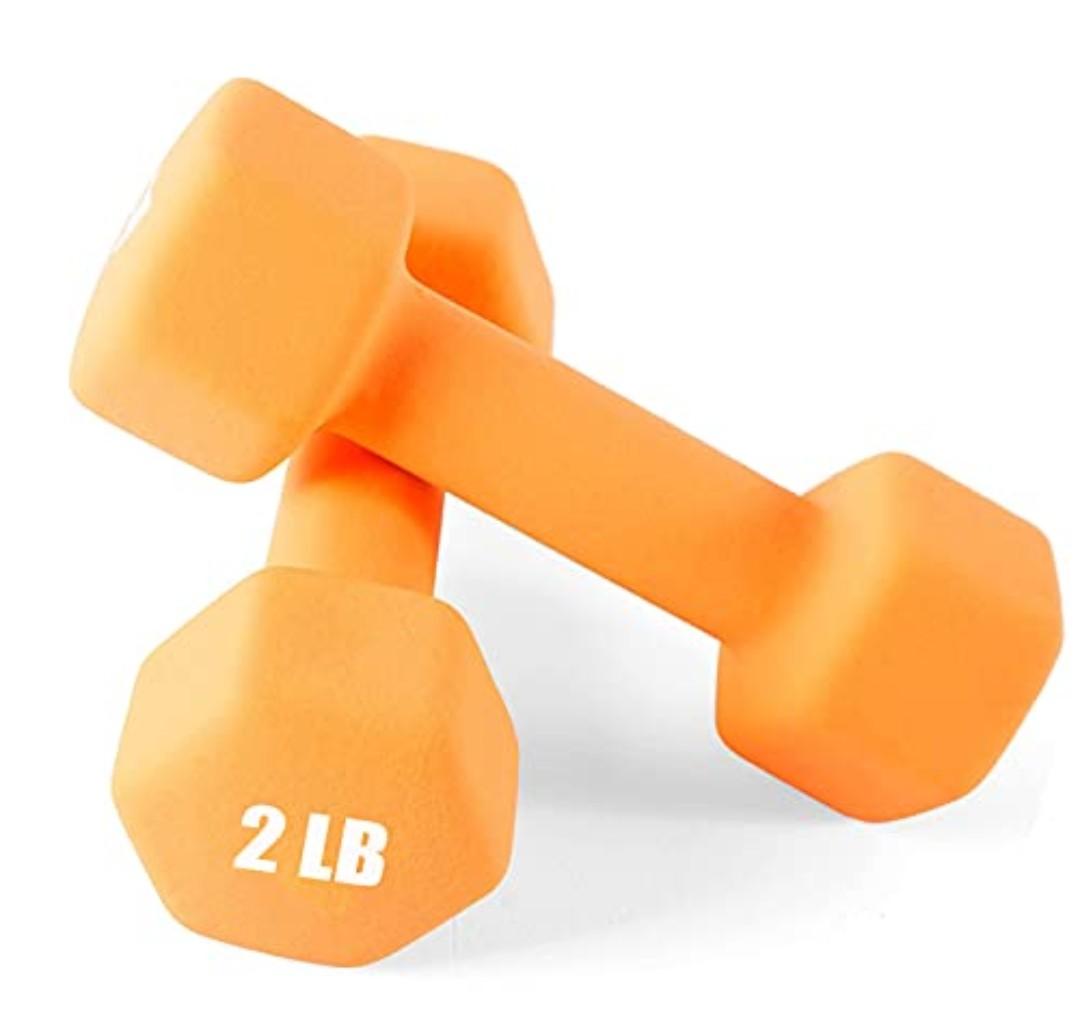 Portzon Set of 2 Neoprene Dumbbell, 2 LB, Anti-Slip, Anti-roll, Hex Shape, Orange - Pack of 2
