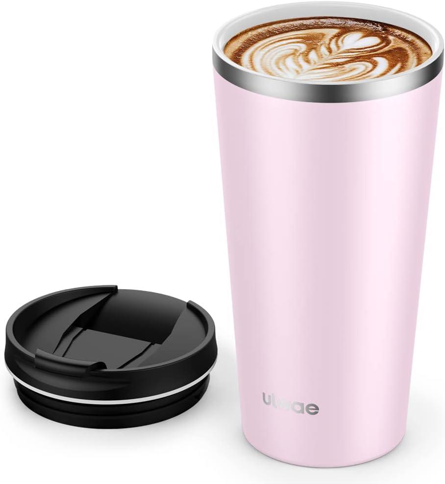 Insulated Coffee Mug with Ceramic Coating, 18oz Travel Mug with Leak-proof Lid, Vacuum Double-wall Tumbler, Stainless Steel Thermal Cup for Tea, Hot Cocoa, Cold Beverage, Ice Drinks, Pink 