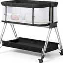 Fodoss Baby Bassinet Bedside Sleeper with Wheels and Storage Tray,4-Sided Mesh Bedside Bassinet for Infant/Newborn,7 Height Adjustable Easy Folding Bedside Crib (Dark Grey Tweed)