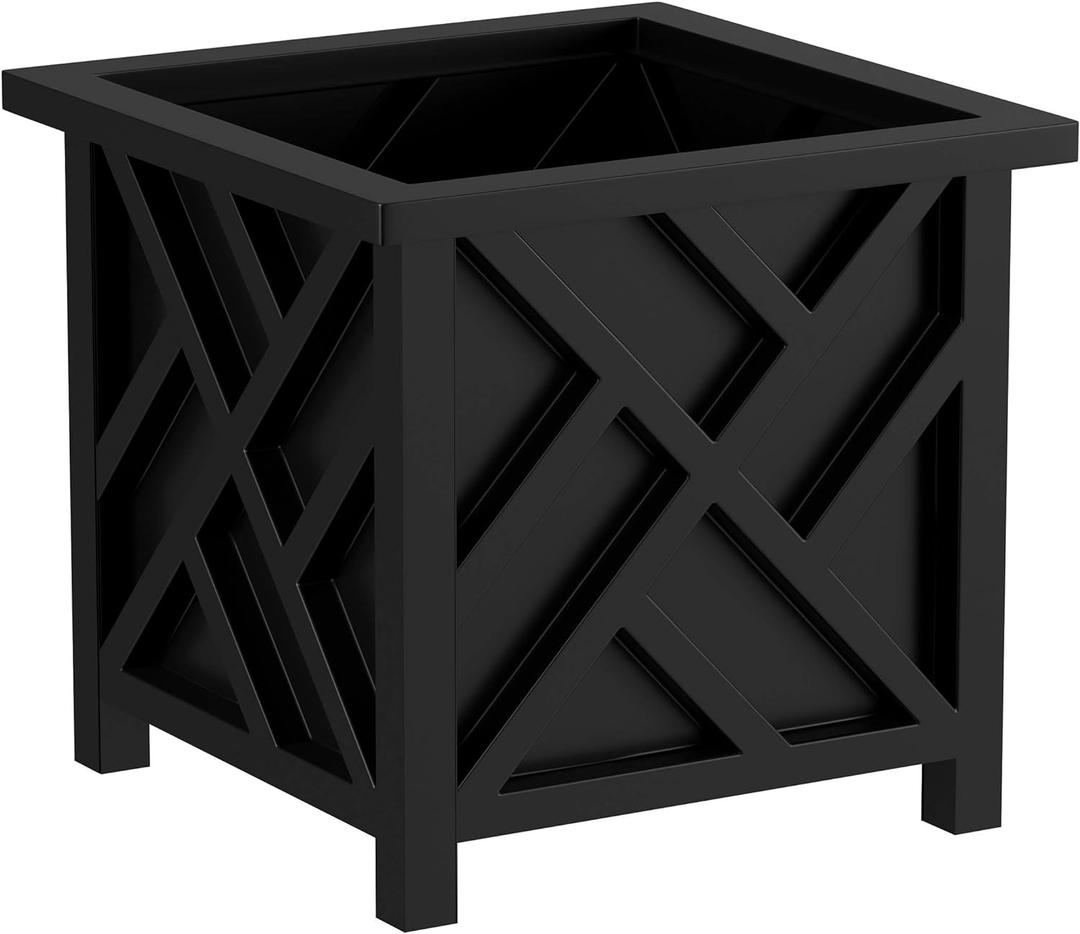 Lattice Design Outdoor Planter Box - 14.75 Square 13 Tall Black Plant Pot - Decorative Plant Pots for Front Porch Decor - Flower Pots Outdoor Planters for Porch Patio or Garden Decor by Pure Garden