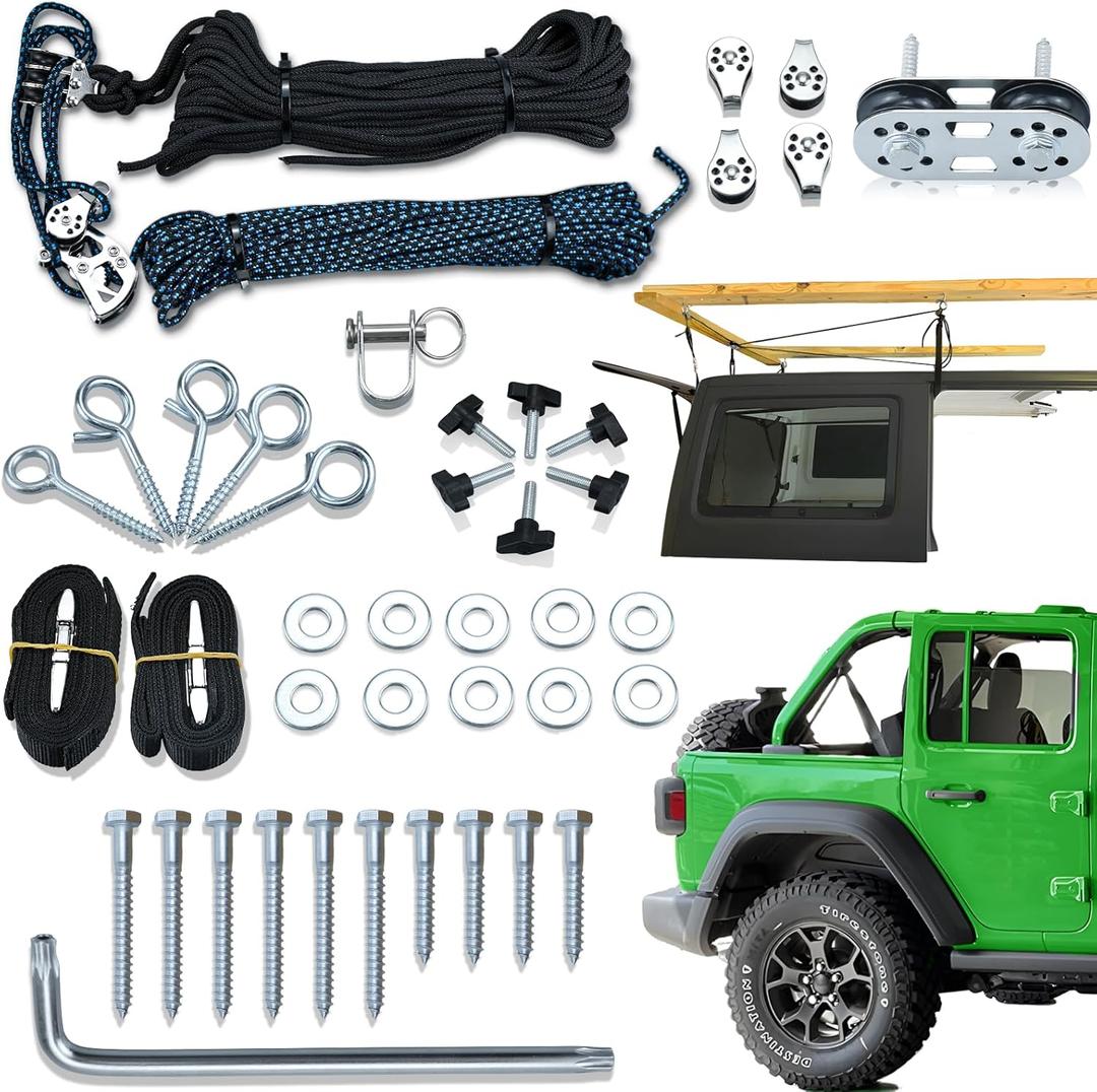 Hard Top Removal Lift for Jeep Wrangler - Top Lift Hoist for Jeep JL JK Models and Ford, Single Person Operation Roof Lift, Safe Anti-Drop System, Supports 8-16 ft. Ceiling, Bonus 6 T Knobs (Blue Rope)