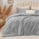 BEDELITE Grey Fluffy Comforter Set Queen Size, Fuzzy Faux Fur Comforter Bedding Set, 3Pieces Soft Warm Shaggy Bed Set (1 Comforter & 2 Pillowcases) as Gifts for Women