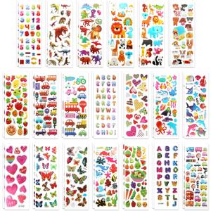 40 Sheets of 3D Puffy Stickers for Kids, Multiple Designs Self-Adhesive Stickers Includes Animals Numbers Letters Fruits for Journal Water Bottles DIY Crafts (Basic Style)