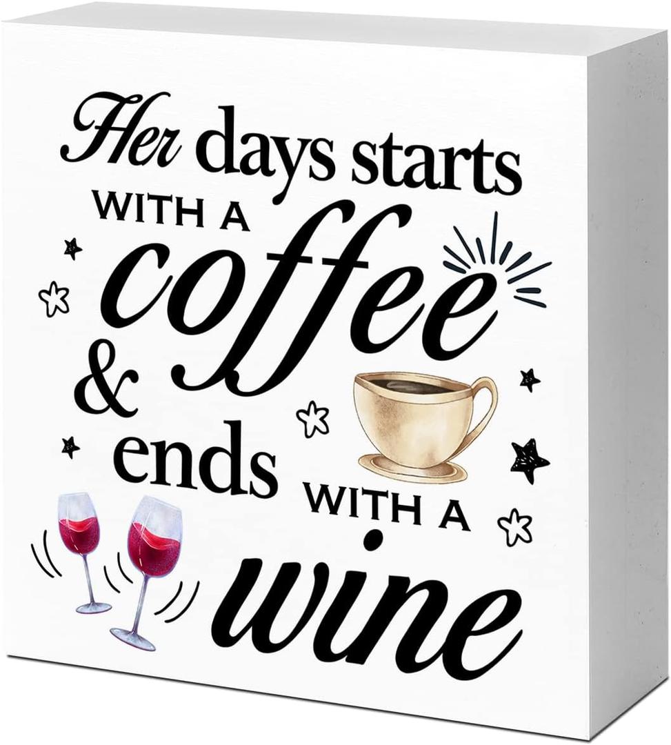LVQHI Funny Coffee Wood Block Sign For Women,Her Days Stars with A Coffee Sign for Kitchen Desk Table Decor for Kitchen Cafe Bar, 5"x5"x1" In