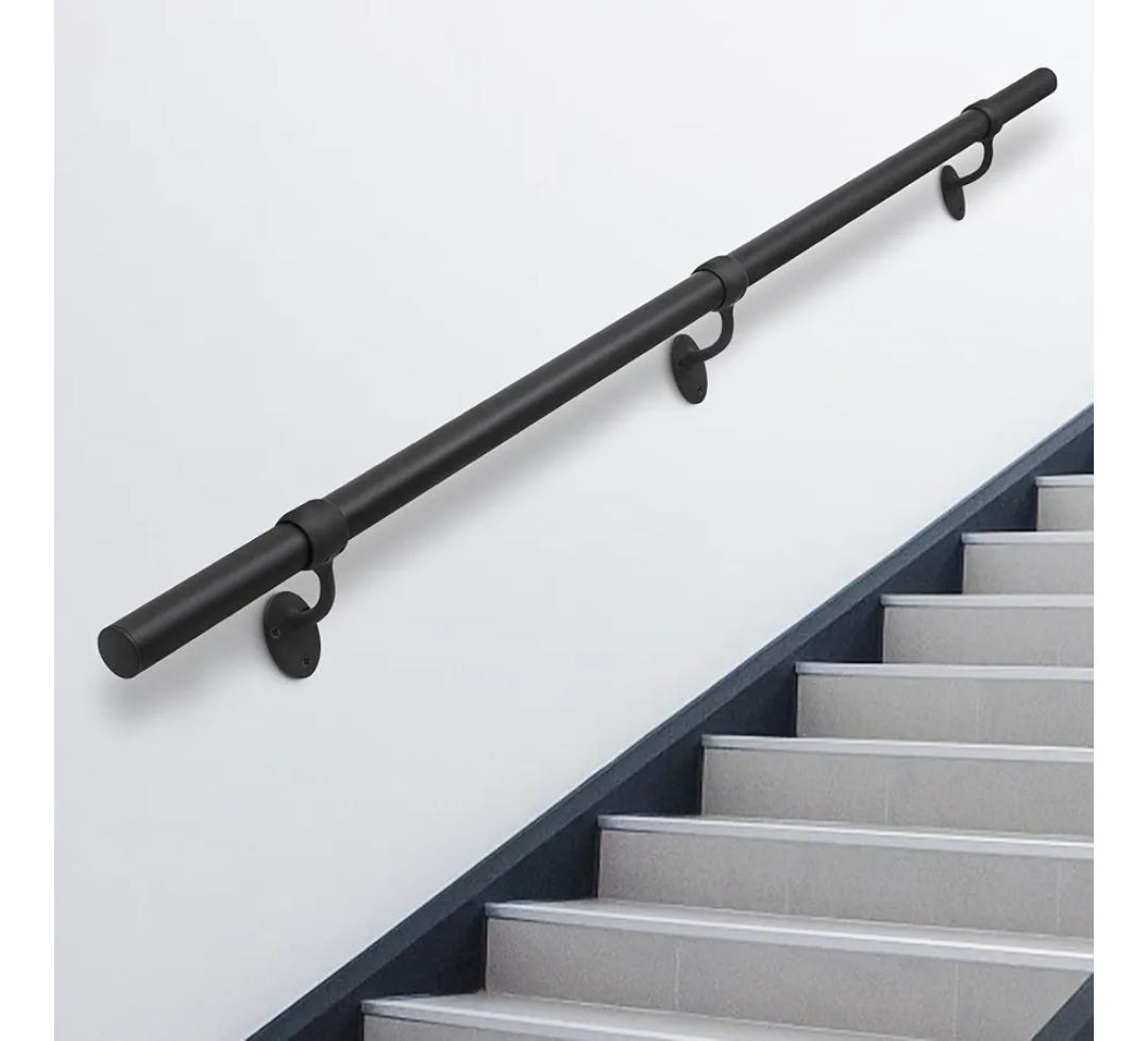 6.6ft Stair Railing Indoor Metal Hand Rails for Indoor Stairs 1.5" Pipe Stair Handrail Aluminum Wall Mounted Indoor/Outdoor Handrail for Steps Black Industrial Handrail for Stairs