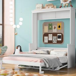Murphy Bed with a Shelf, Space-Saving Wood Wall Bed Frame with Storage for Bedroom,No Boxspring Required (White, Queen (U.S. Standard))