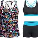 Tempt Me 3 Piece Tankini Swimsuits for Women Athletic Bathing Suits Swim Tank Top with Boy Shorts and Bra Modest Swimwear XL