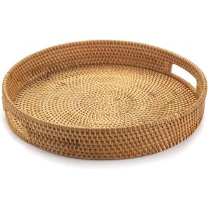 YANGQIHOME Rattan Round Serving Tray, Decorative Coffee Table Tray, Hand Woven Serving Basket with Handles, Ottoman Wicker Fruit/Bread Serving Basket, 13.8 inch (Natural)